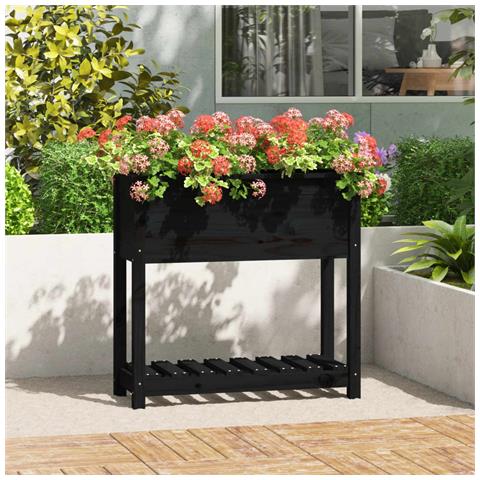 Fioriera Con Mensola Nera 82,5x34,5x81cm Legno Massello Di Pino - Foto 1
