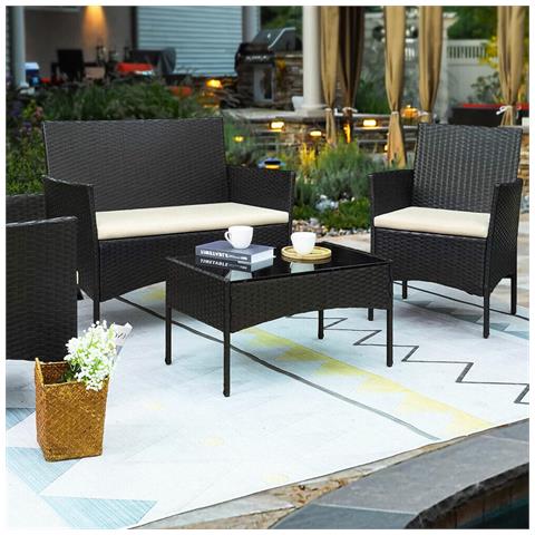 Set Salotto Completo Divano Poltrone Tavolino In Rattan Arredo Giardino Nero - Foto 2