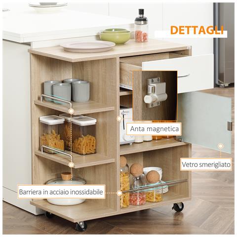 Carrello Da Cucina Portavivande Con Cassetto, Ripiani E Armadietto In Legno, Acciaio E Vetro, 65x39x80cm - Foto 6