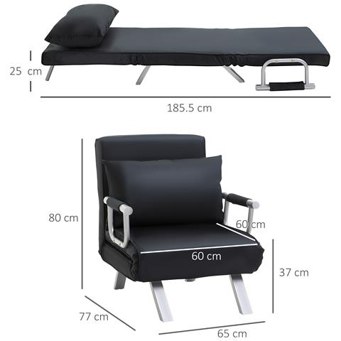 Poltrona Letto Moderna 2 in 1 con Schienale Reclinabile su 5 Posizioni e Cuscino, 65x77x80cm, Nero - Foto 2