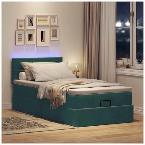Pouf Letto Con Materasso E Led Verde Scuro 80x200cm In Velluto - Foto 3
