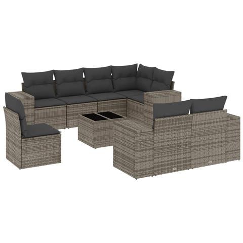 Set Divano da Giardino 9 pz con Cuscini Grigio in Polyrattan - Foto 1