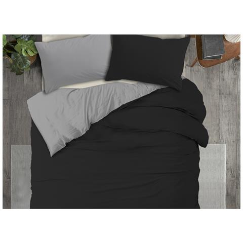 Copripiumino No Stiro Tinta Unita Bicolor Microfibra Effetto Manopesca Francesca Piazza E Mezza Nero-grigio - Foto 1