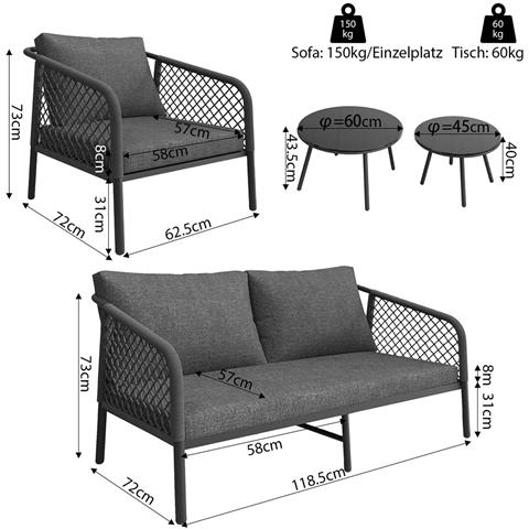 Set Da Giardino, Set Di Mobili Da Giardino In Corda, Set Di Divani Da Esterno Moderni, Corda Grigia, Piano D'appoggio In Vetro Liscio - Foto 2