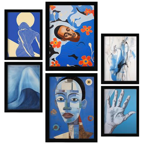 Set Di 6 Stampe Blu Astratti In Versatili Dipinti Decorativi Estetici Per Il Tuo Soggiorno, Camera Da Letto E Casa A3 & A4 Cornice Nera - Foto 1