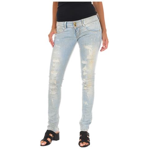 Pantaloni Lunghi In Denim Effetto Consumato E Strappato 10db50130 Donna - Foto 1