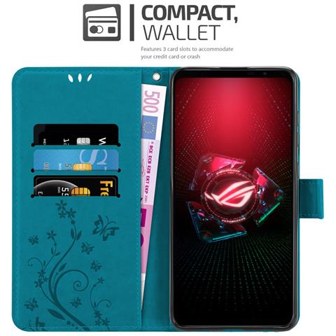 Cadorabo Custodia Compatibile Con Asus Rog Phone 5 In Blu Fiore - Coperchio Protettivo In Design Floreale Con Chiusura Magnetica, Funzione Stand E Slot Per Carte - Foto 2