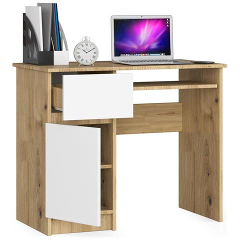 Scrivania per computer PIKSEL sinistro, 1 anta e 1 cassetto, 90x50x77 cm, Colore Quercia Artisan e Bianco - Foto 2