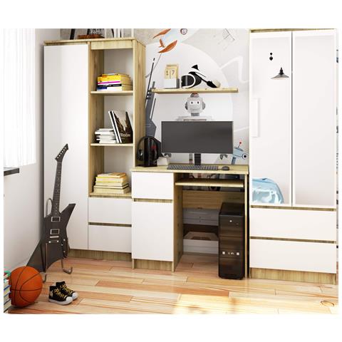 Scrivania per computer PIKSEL sinistro, 1 anta e 1 cassetto, 90x50x77 cm, Colore Quercia Artisan e Bianco - Foto 4