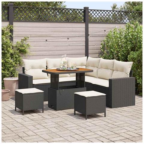 Set di divano da giardino 8 pezzi con cuscini Polyrattan nero e acacia,  Set da pranzo da giardino 3 pezzi con cuscini Polyrattan nero e acacia - Foto 2