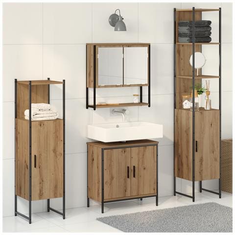 Set mobili bagno 4 pezzi in rovere artigianale in legno ingegnerizzato - Foto 2