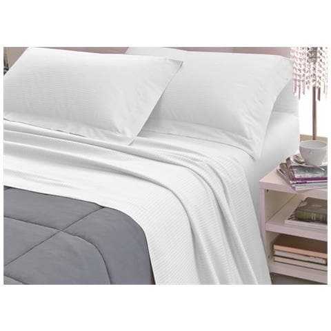 Completo Lenzuola Letto In 100% Raso Cotone Rigato 5mm In Tinta Unita Singolo Bianco - Foto 1
