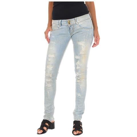 Pantaloni Lunghi In Denim Effetto Consumato E Strappato 10db50130 Donna - Foto 1