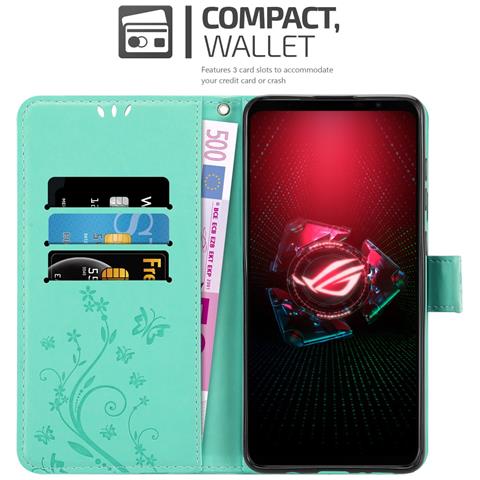 Cadorabo Custodia Compatibile Con Asus Rog Phone 5 In Turchese Fiore - Coperchio Protettivo In Design Floreale Con Chiusura Magnetica, Funzione Stand E Slot Per Carte - Foto 2