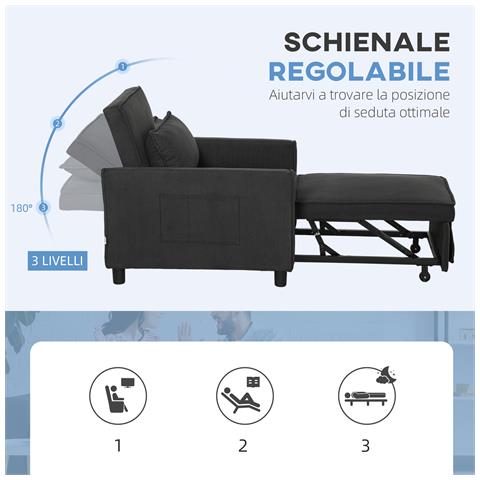 Poltrona Letto Reclinabile con Tasche Laterali, in Tessuto Effetto Velluto, 74x84x81 cm, Grigio Scuro - Foto 2