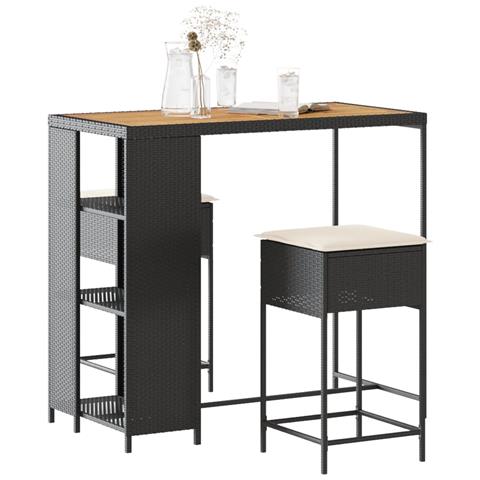 Set Bar Da Giardino 3 Pz Con Cuscini In Polyrattan Nero - Foto 1