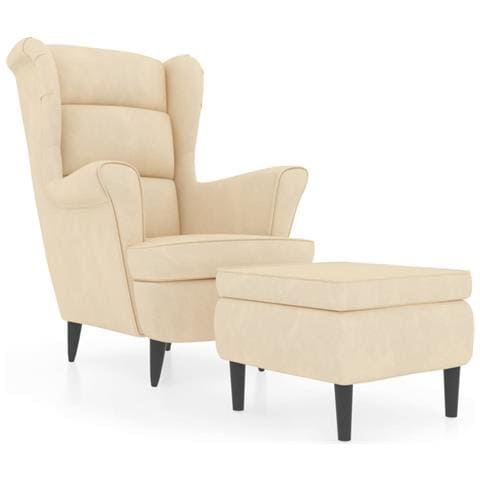 Poltrona Con Schienale Ad Ala Con Poggiapiedi Crema In Velluto - Foto 1