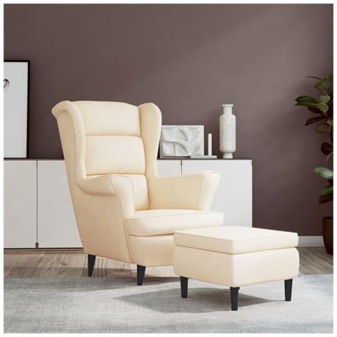 Poltrona Con Schienale Ad Ala Con Poggiapiedi Crema In Velluto - Foto 8