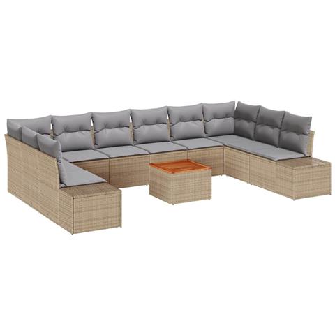 Set da Divano da Giardino da 11 Pezzi con Cuscini Beige in Polyrattan Acacia - Foto 1