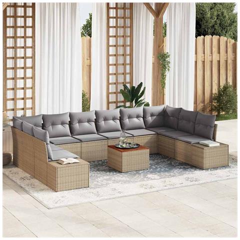 Set da Divano da Giardino da 11 Pezzi con Cuscini Beige in Polyrattan Acacia - Foto 2