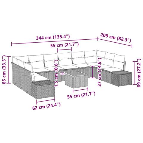 Set da Divano da Giardino da 11 Pezzi con Cuscini Beige in Polyrattan Acacia - Foto 9