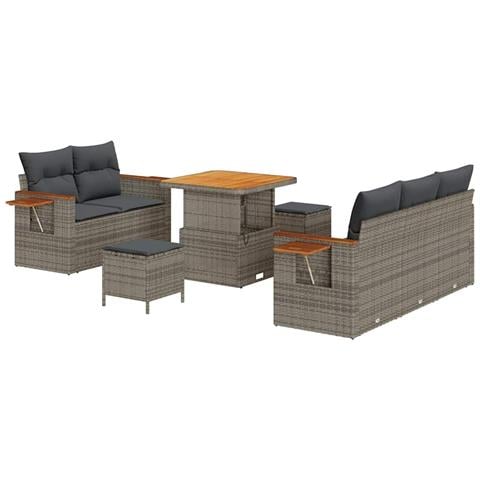 Set divani giardino 8 pezzi con cuscini grigio polyrattan e acacia,  Set pranzo giardino 3 pezzi con cuscini grigio polyrattan e acacia - Foto 1