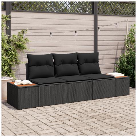 Set da giardino 3 pezzi con cuscini in polyrattan nero e acacia - Foto 2
