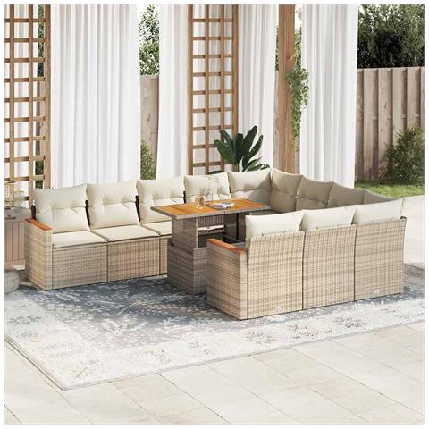Set Divani da Giardino 11pz con Cuscini Beige Acacia Polyrattan - Foto 2
