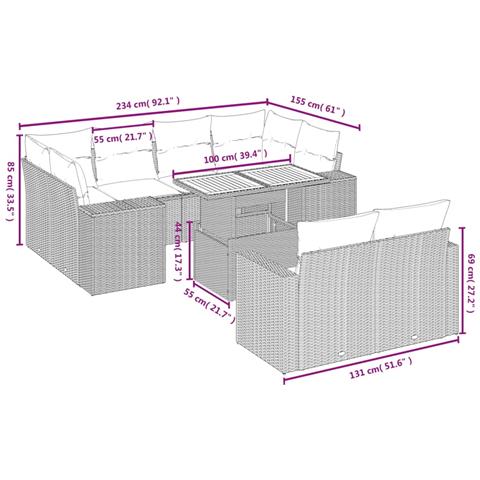 Set Divani da Giardino 11 pz con Cuscini in Polyrattan Grigio - Foto 3
