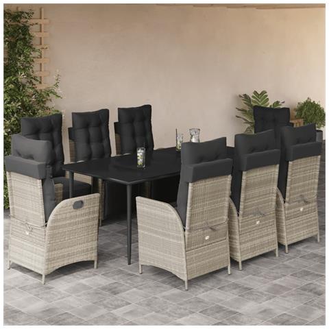 Set Pranzo da Giardino 9pz con Cuscini Grigio Chiaro Polyrattan - Foto 2