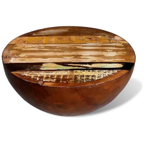 Tavolino Caffè Forma Ciotola In Legno Massello Anticato E Base Acciaio - Foto 2