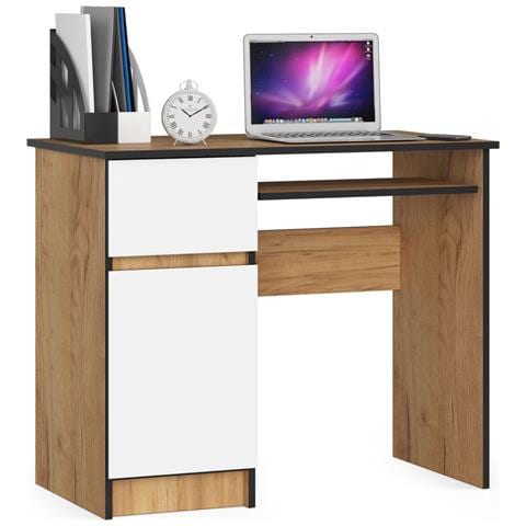 Scrivania per computer PIKSEL sinistro, 1 anta e 1 cassetto, 90x50x77 cm, Colore Quarcia Craft e Bianco - Foto 1