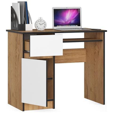 Scrivania per computer PIKSEL sinistro, 1 anta e 1 cassetto, 90x50x77 cm, Colore Quarcia Craft e Bianco - Foto 2