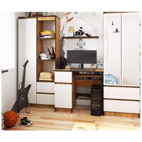 Scrivania per computer PIKSEL sinistro, 1 anta e 1 cassetto, 90x50x77 cm, Colore Quarcia Craft e Bianco - Foto 5