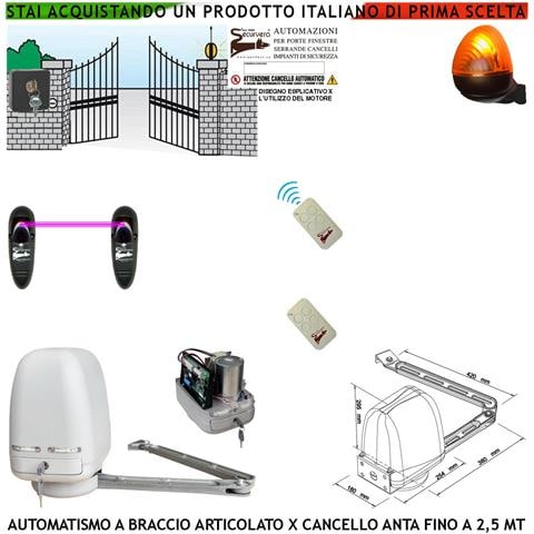 Automatismo Cancello Kit Motore A Braccio Articolato 220/24 V Anta Battente Da 0,5 A 2,5 Mt Centrale Radiocomandi Faro - Foto 1