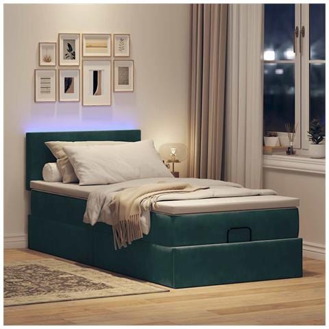 Pouf Letto Con Materasso E Led Verde Scuro 90x200cm In Velluto - Foto 3