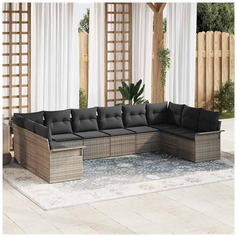 Set da Divano da Giardino in 10 Pezzi con Cuscini Grigio Poly Rattan - Foto 2