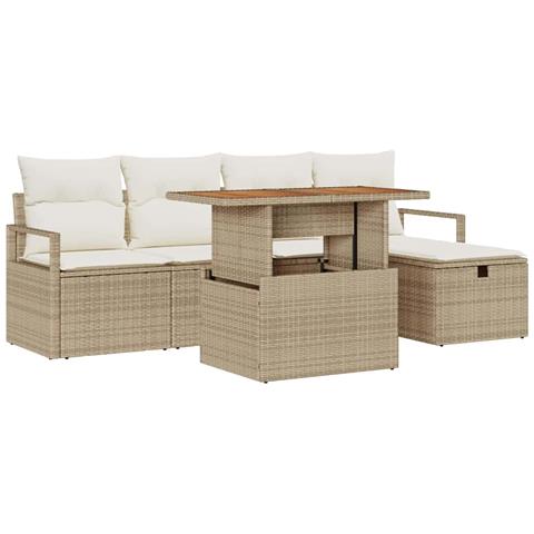 Set di divani da giardino 6 pezzi con cuscini beige in rattan sintetico, Divano da giardino 2 posti con cuscini beige in rattan sintetico - Foto 1