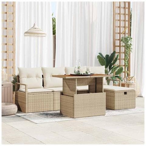 Set di divani da giardino 6 pezzi con cuscini beige in rattan sintetico, Divano da giardino 2 posti con cuscini beige in rattan sintetico - Foto 2