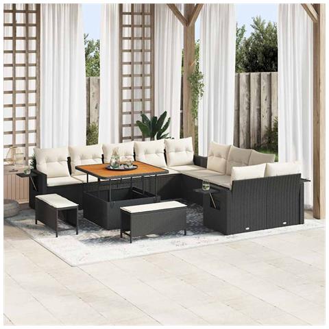 Set Divano da Giardino 13 Pezzi con Cuscini Nero Polyrattan Acacia, Set Tavolo da Pranzo Giardino 3 Pezzi con Cuscini Nero Polyrattan Acacia - Foto 2