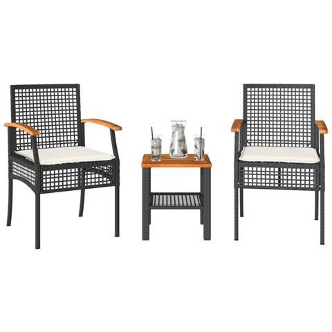 Set da Bistrò 3 pz con Cuscini Nero Polyrattan e Legno Acacia - Foto 2