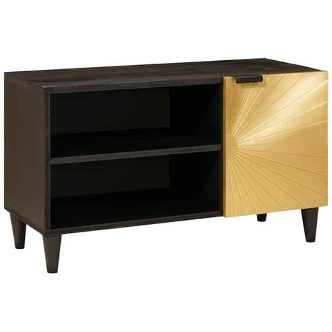 Mobile TV Nero e Oro 80 x 33 x 46 cm legno massello di mango - Foto 1