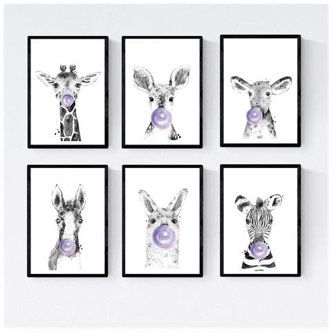 Set Di 6 Stampe Animali Bambini Con Gomma Da Masticare Cervo Elefante Zorro Orso Cane Maiale A3 Cornice Nera - Foto 1