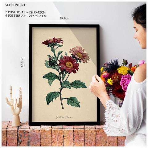 Set Di 6 Stampe Fiori Scuri In Stampe Vintage, Dipinti Decorativi Estetici Per Il Tuo Soggiorno, Camera Da Letto, Casa A3 & A4 Telaio In Legno Chiaro - Foto 2