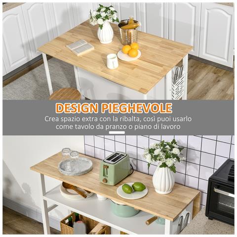 Isola Cucina Con Piano Di Lavoro Pieghevole E 2 Ripiani In Legno E Acciaio, 120x76x91.5cm, Bianco - Foto 2
