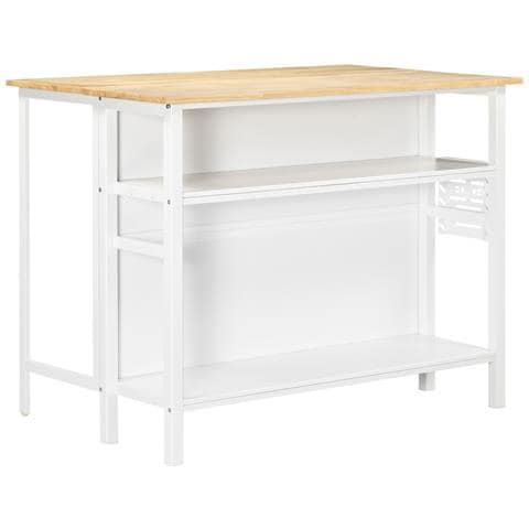 Isola Cucina Con Piano Di Lavoro Pieghevole E 2 Ripiani In Legno E Acciaio, 120x76x91.5cm, Bianco - Foto 1