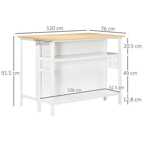 Isola Cucina Con Piano Di Lavoro Pieghevole E 2 Ripiani In Legno E Acciaio, 120x76x91.5cm, Bianco - Foto 6