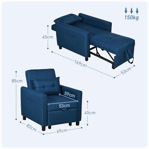 Poltrona Letto Singolo Reclinabile su 3 Livelli con Cuscino Extra, 69x82x85cm, Blu - Foto 2