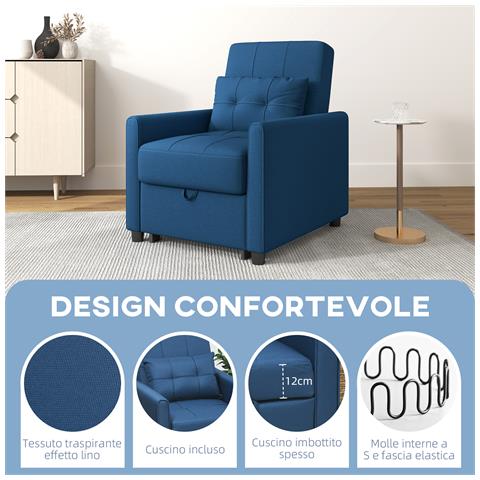 Poltrona Letto Singolo Reclinabile su 3 Livelli con Cuscino Extra, 69x82x85cm, Blu - Foto 6