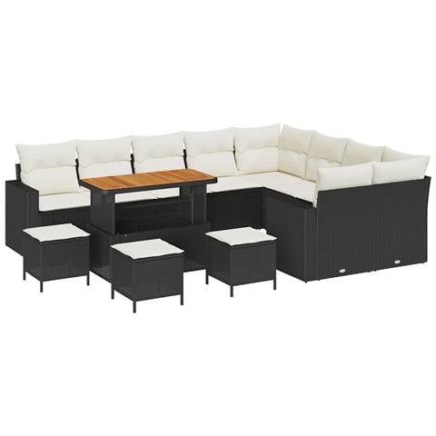 Set Divano da Giardino 13 Pezzi con Cuscini Nero Rattan Polietilene Acacia, Set da Pranzo da Giardino 4 Pezzi con Cuscini Nero Rattan Polietilene Acacia - Foto 1